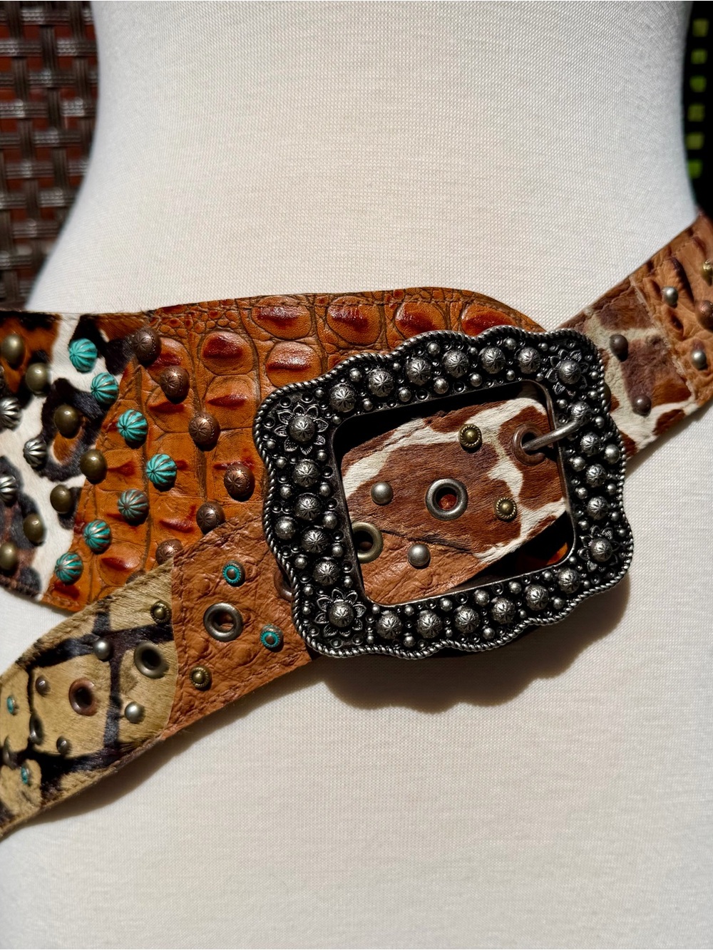 Vintage HOH & Croc Embossed Brown Studded Leather Belt, Silver Buckle, RARE